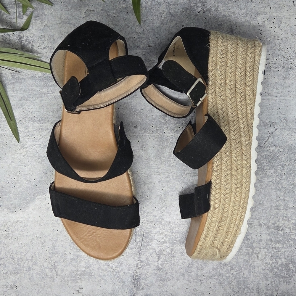 AMS Emma Black Beige Platform Rope Espadrille Wide Strap Sandals Size 10 Summer